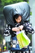 昨日气温急降，北风大作，市民把塑料袋套在头上遮雨。 　　广州日报记者陈忧子 摄 - 新浪广东