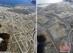 2011年4月5日（左）和2016年2月16日拍摄的日本岩手县陆前高田市的拼版照片。 2011年3月11日，日本东北部海域发生9.0级强震，引发特大海啸。 - News.21cn.Com